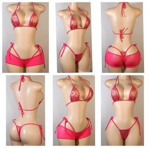 Pink Custom Exotic Bikini Set With Shorts